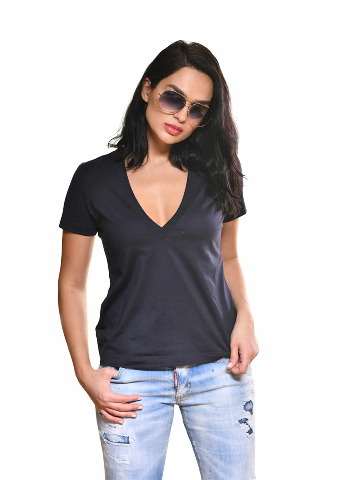 Short sleeve womens v neck tees in color mid night blue from Carmen Sol