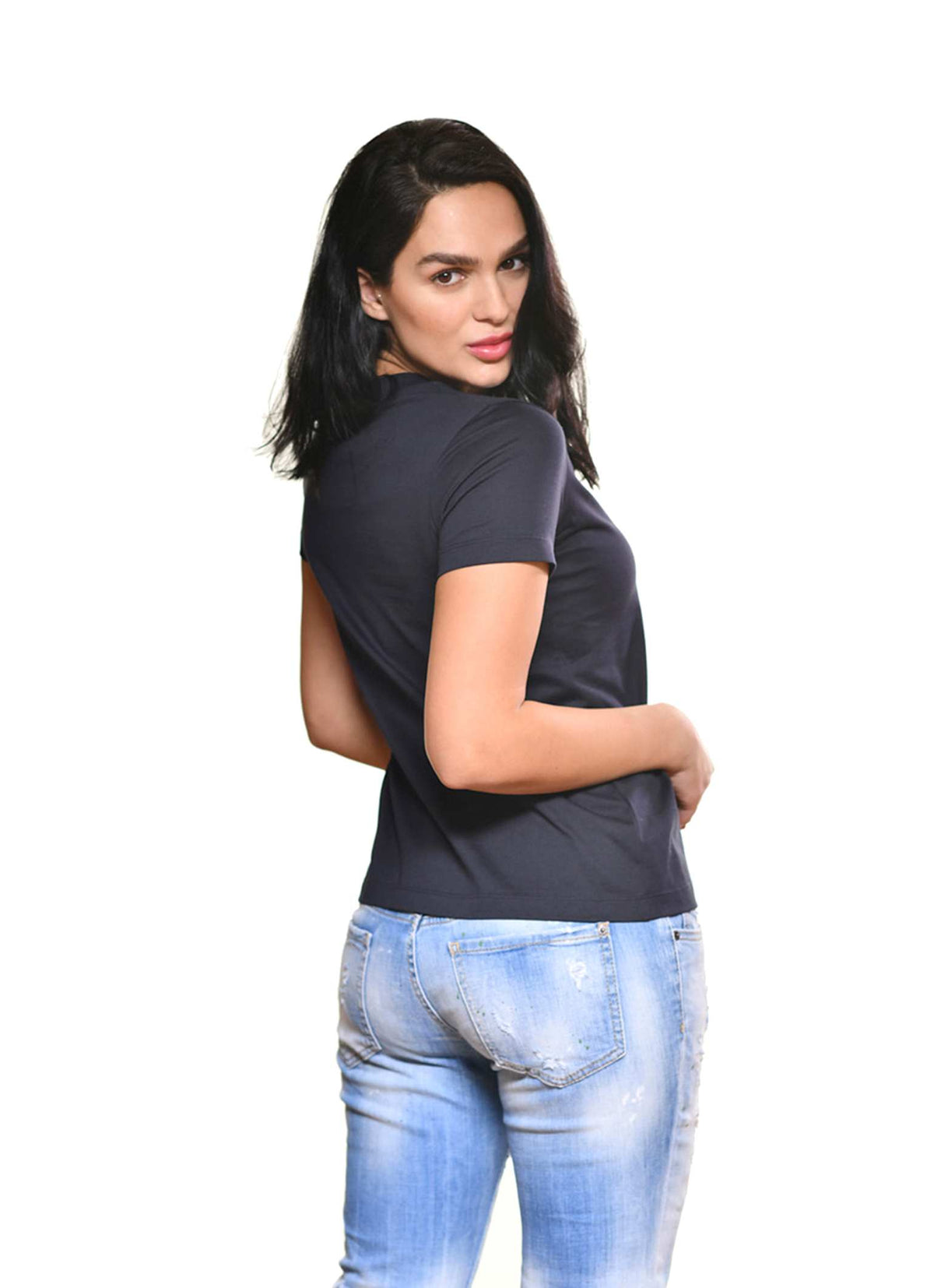 Carmen Sol round neck tee shirts for women which are short sleeve in color mid night blue 