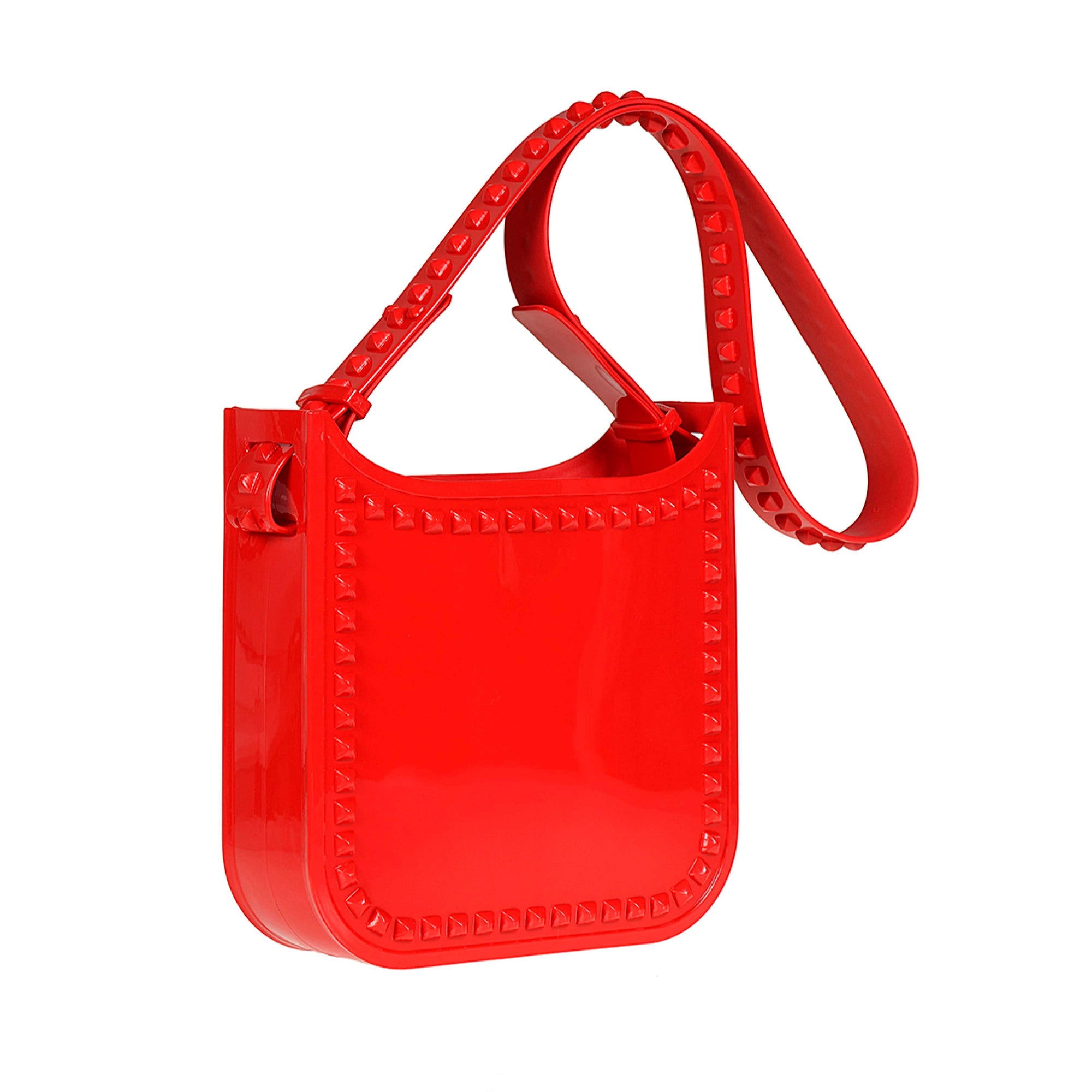 Studded Carmen Sol jelly crossbody bags in color red