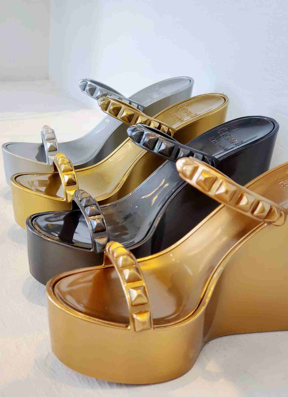 Carmen Sol jelly shoes for women, Gold heels, silver heels, platform heel collections