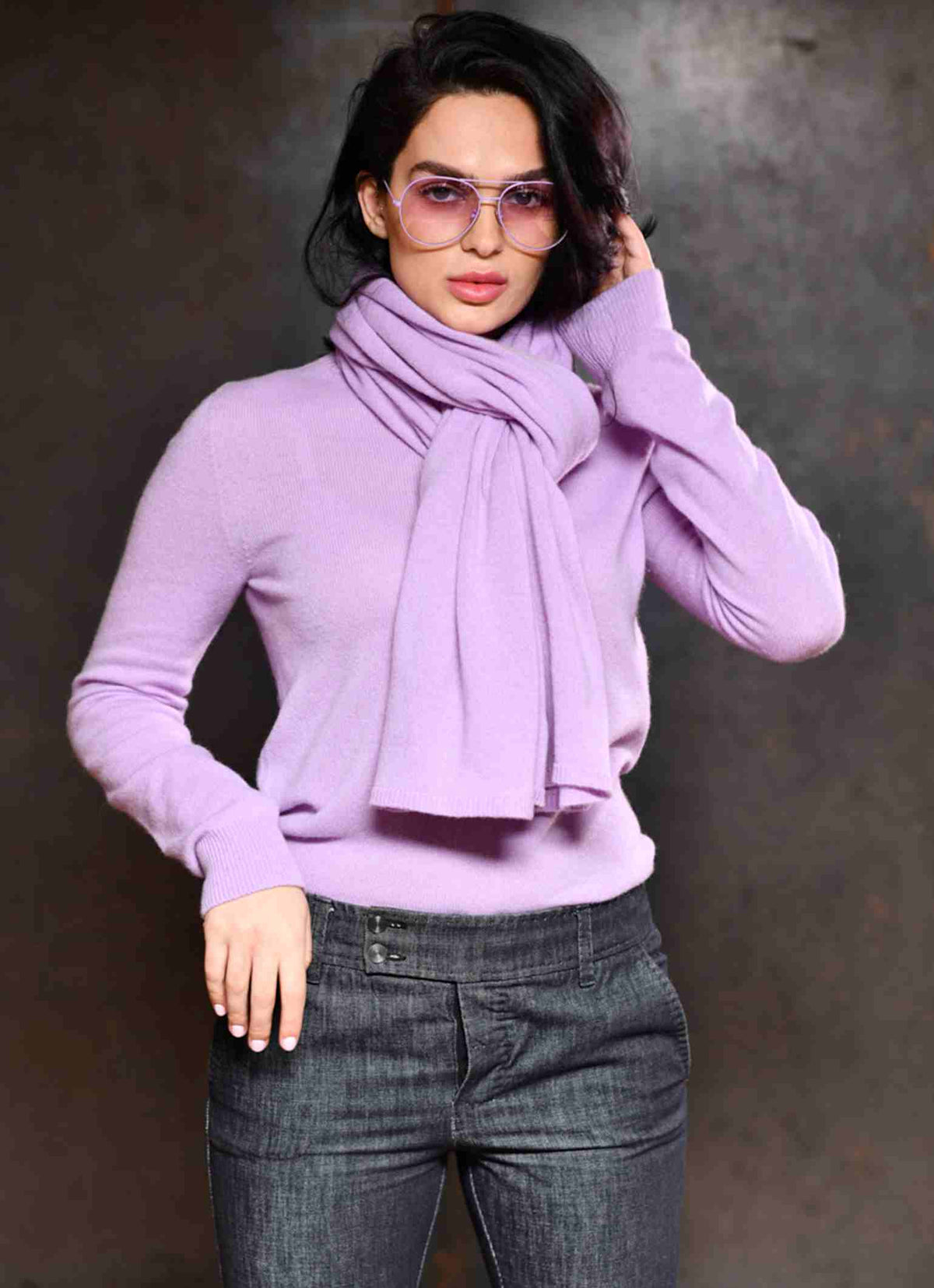 Violet sunglasses worn with violet cashmere sweater and soft scarf 