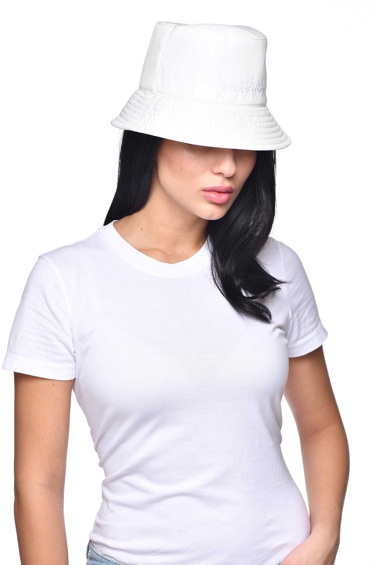 Women wearing nylon white bucket hat from Carmen Sol