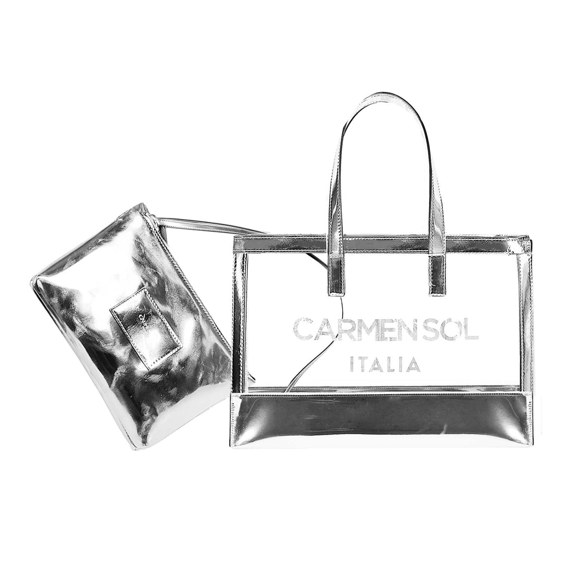 Silver canvas mini beach bags for women with detachable purse