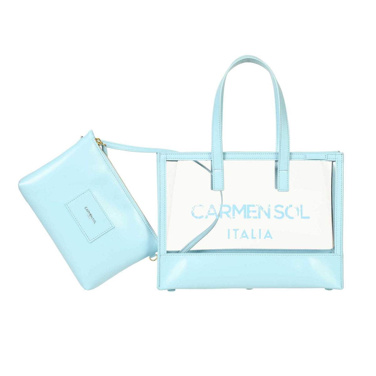 Vegan mini clear beach bags for women in color baby blue with detachable bag