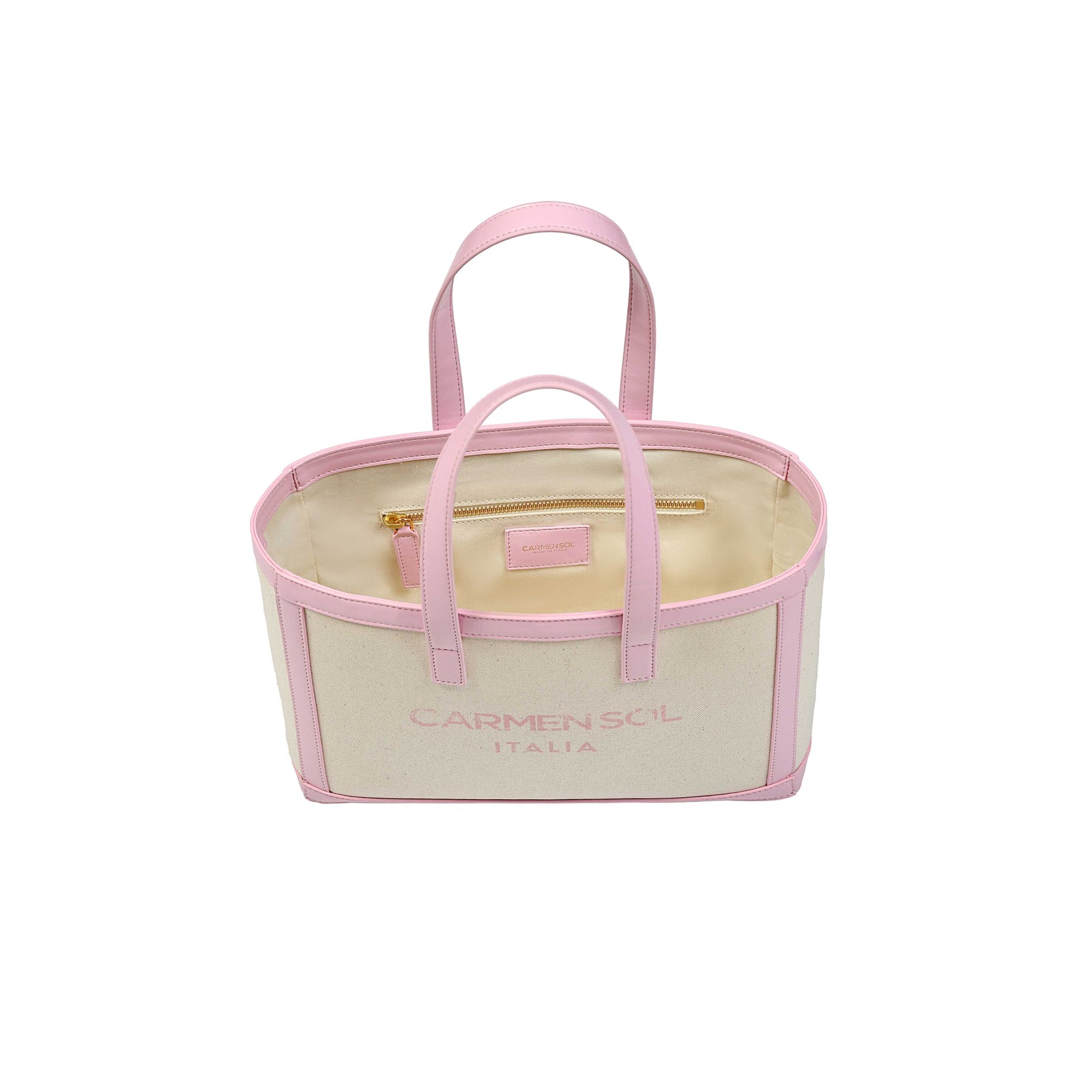 Inner view of Carmen Sol canvas beach purse in color baby pink