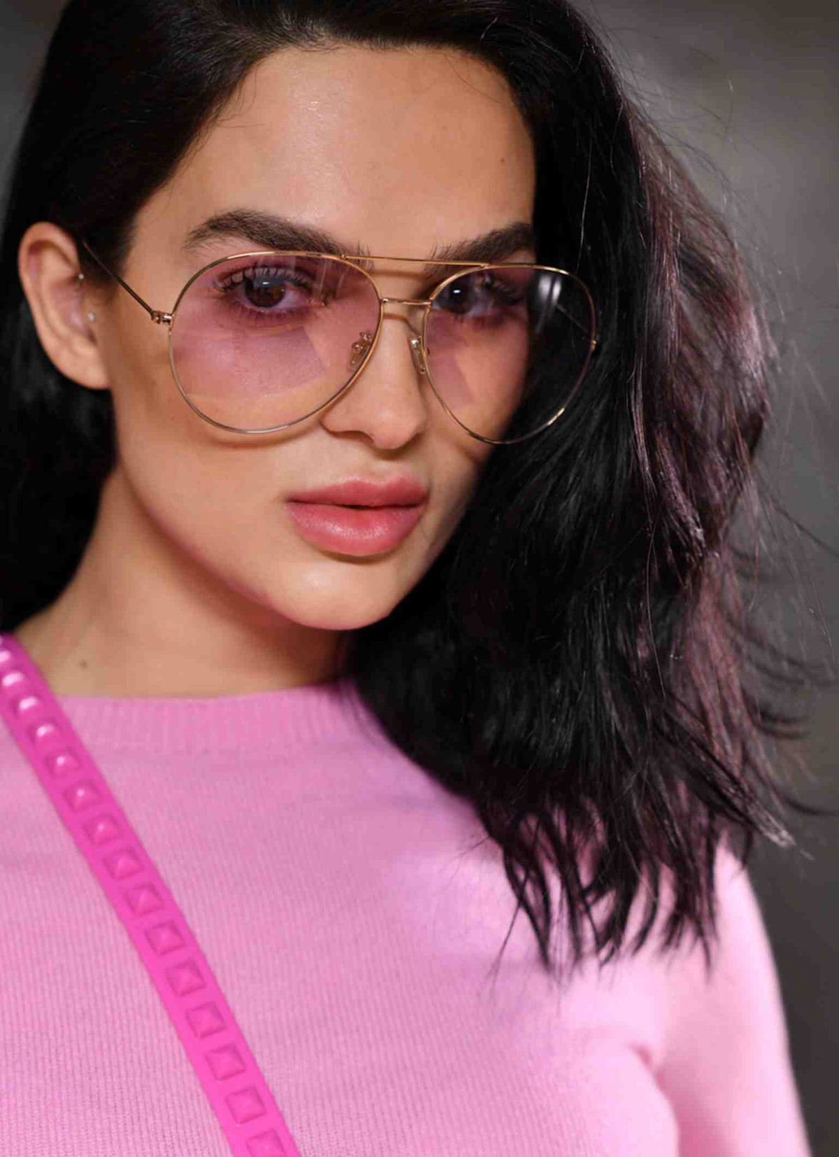 Aviator sunglasses women in color pink with matching cashmere sweater also in color pink
